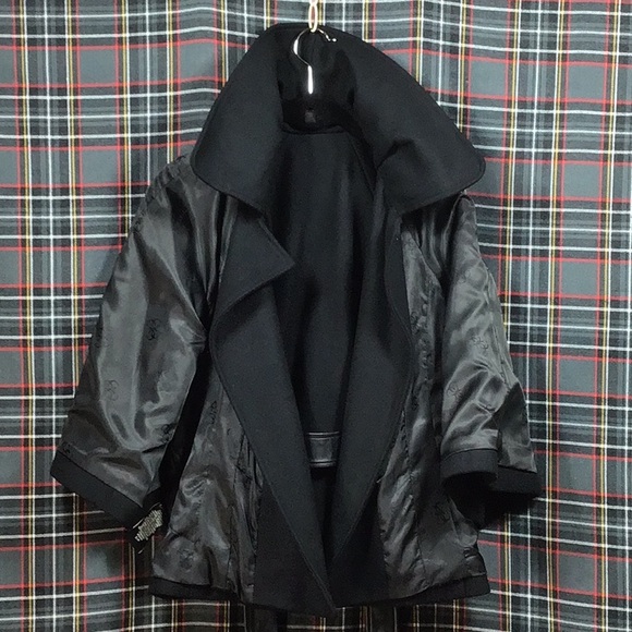 🖤 GUESS Black Wool Blend Leather Belt Snap Front Three-Quarter Bell Sleeves - Picture 3 of 12